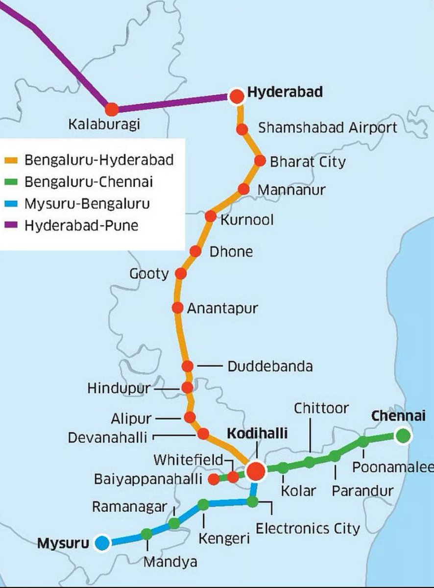 🚨 Bullet train alignments and stations for

Chennai - Bengaluru
Bengaluru - Mysuru
Bengaluru - Hyderabad
Hyderabad - Pune