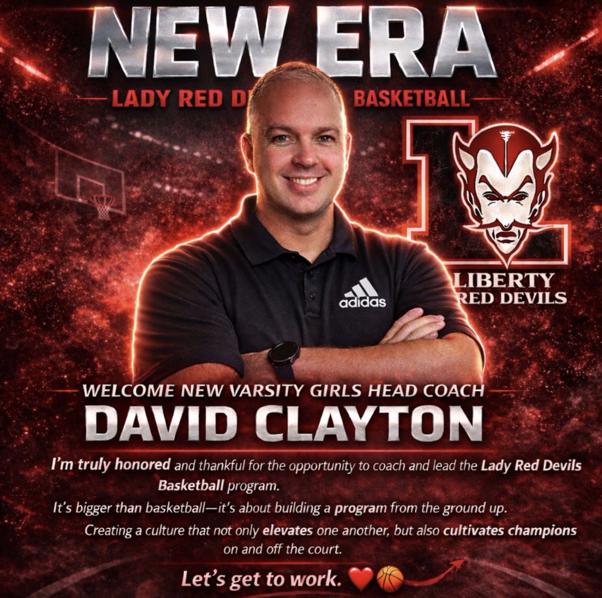 claydc1985's tweet photo. I’m excited for the opportunity to lead the Liberty Red Devils Girls 🏀 program moving forward.  Extremely thankful for my time and the relationships I’ve established at my previous stops.  It’s time to turn the heat 🔥 🆙 at LHS! 
#RedDevils #TurnTheHeatUp https://t.co/3z7i9kffts