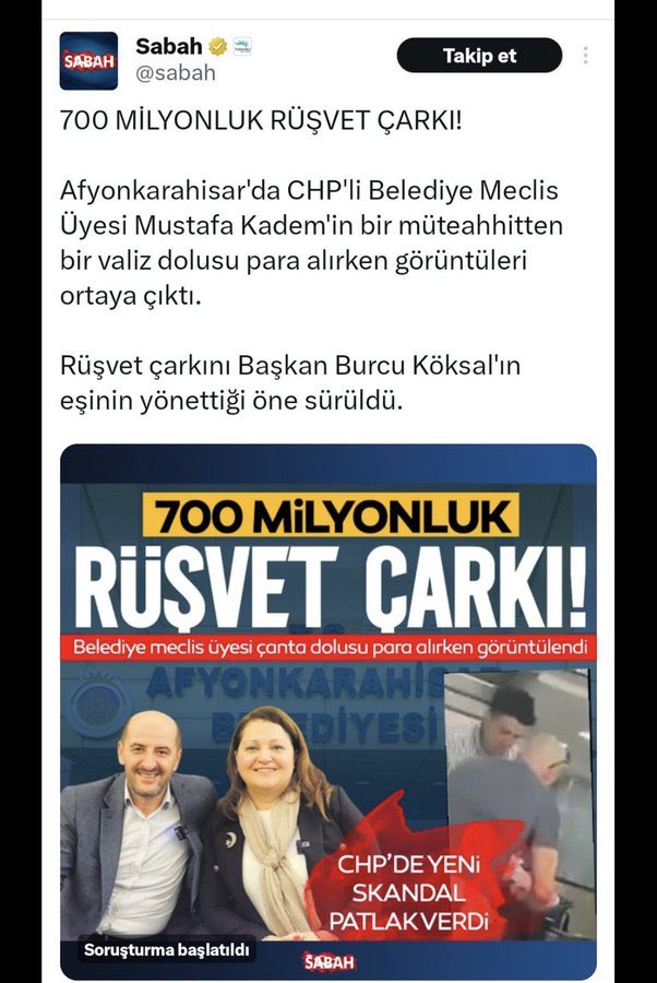 Şimdi Sabah ve Star gazetelerine soruyorum. <a href="/sabah/">Sabah</a> <a href="/stargazete/">Star Gazetesi 🇹🇷</a> 
Haberinizin arkasında mısınız?

Eğer arkasındaysanız haber takibi namussuzdur.

Başlık önerim: 
“Aile boyu skandal: 700 milyonluk rüşvet çarkını çeviren başkan şimdi AKP’de!”

Size amme hizmeti yapıyorum.