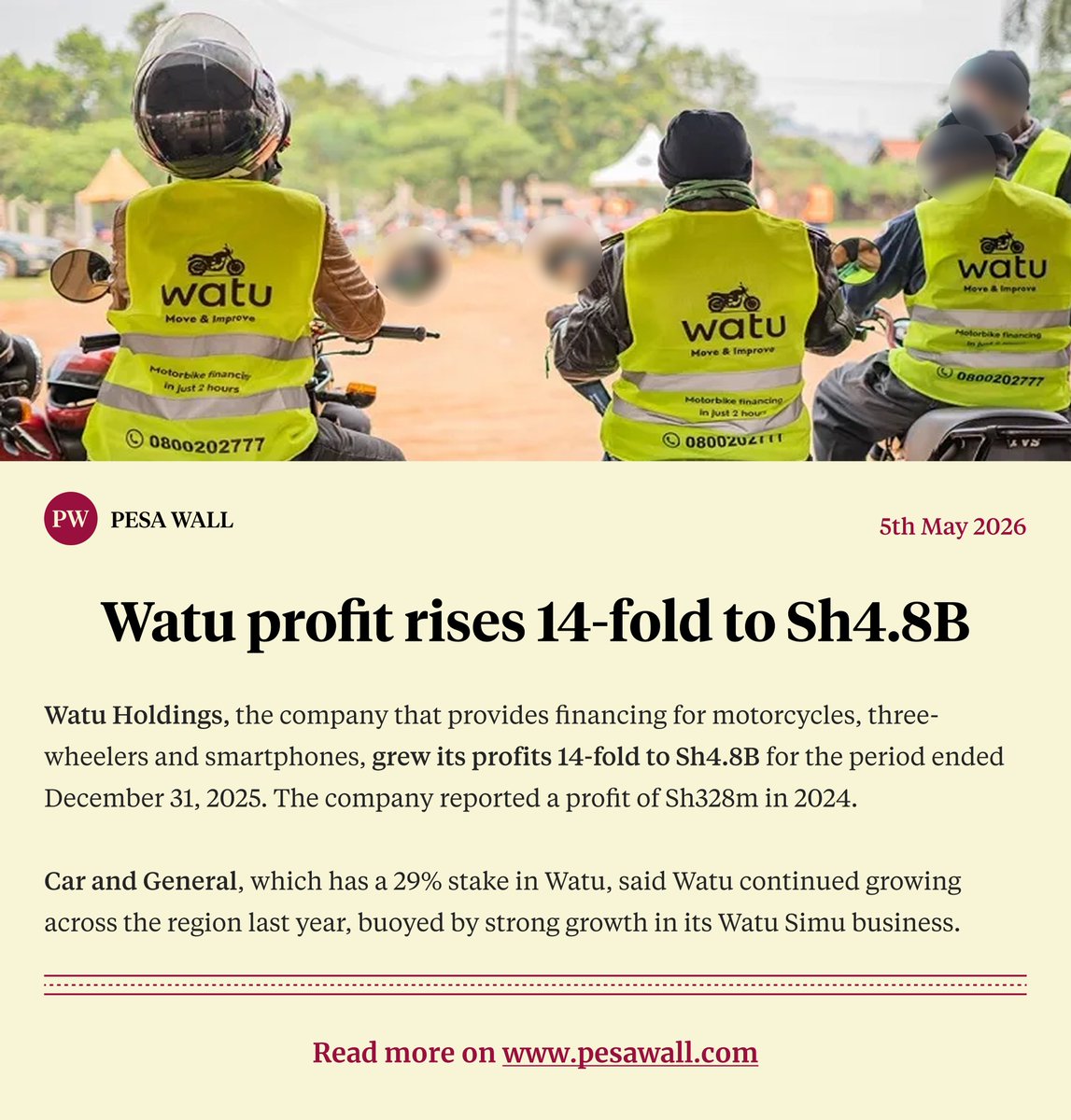 PesaWall's tweet photo. Watu, the company that provides financing for motorcycles, three-wheelers and smartphones, grew its profits 14-fold to Sh4.8B for the period ended December 31, 2025.

—Revenue: +92.7% to Sh28.3B
—Net profit: +1374% to Sh4.8B

[Source below] https://t.co/Suz8Utg96s