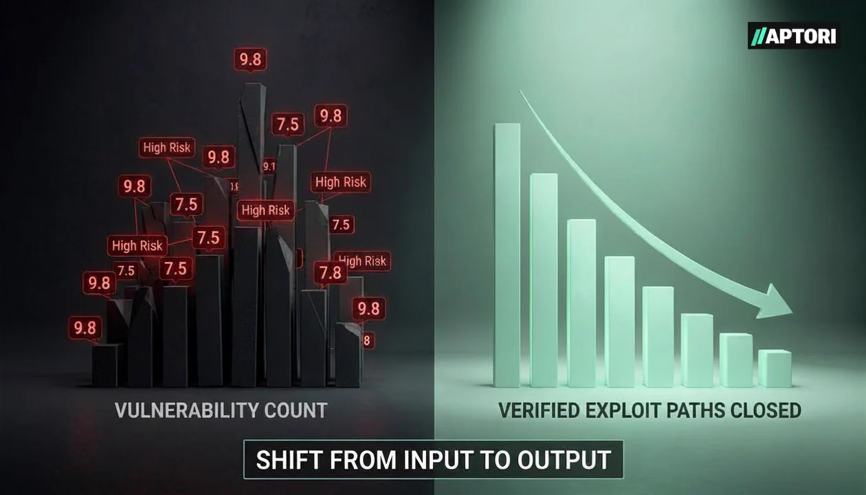 A split-screen graphic contrasting two cybersecurity metrics. The left side represents overwhelming noise, showing a chaotic, rising grey bar chart labeled 'Vulnerability Count' surrounded by high-risk warning numbers. The right side represents clear risk reduction, showing a streamlined, bright mint-green progress bar labeled 'Verified Exploit Paths Closed.' Text at the bottom reads: Shift from Input to Output.