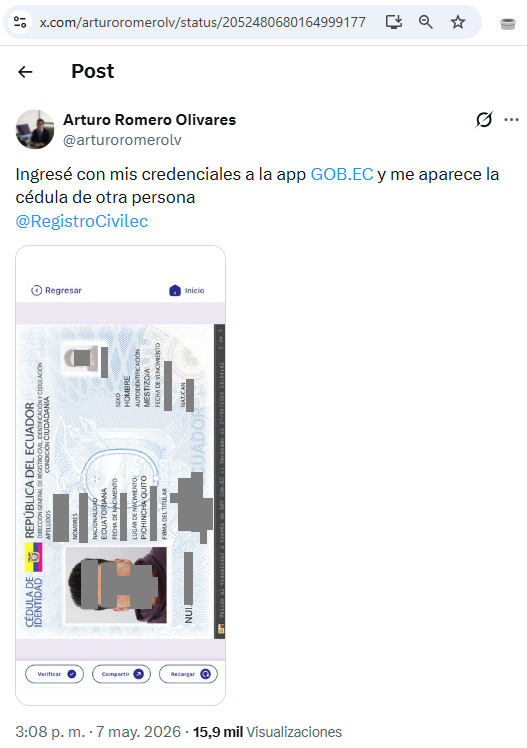 #AlertaDigitalEC
Usuario <a href="/arturoromerolv/">Arturo Romero Olivares</a> reporta que en el portal gob.ec, de trámites públicos, el sistema refleja datos de otra persona, vía <a href="/JassonTesla/">JASSON TESLA</a> cc <a href="/DinarpEc/">DINARP 🇪🇨</a> <a href="/PlanificacionEc/">Sec. A dmin Pública y Planificación</a>