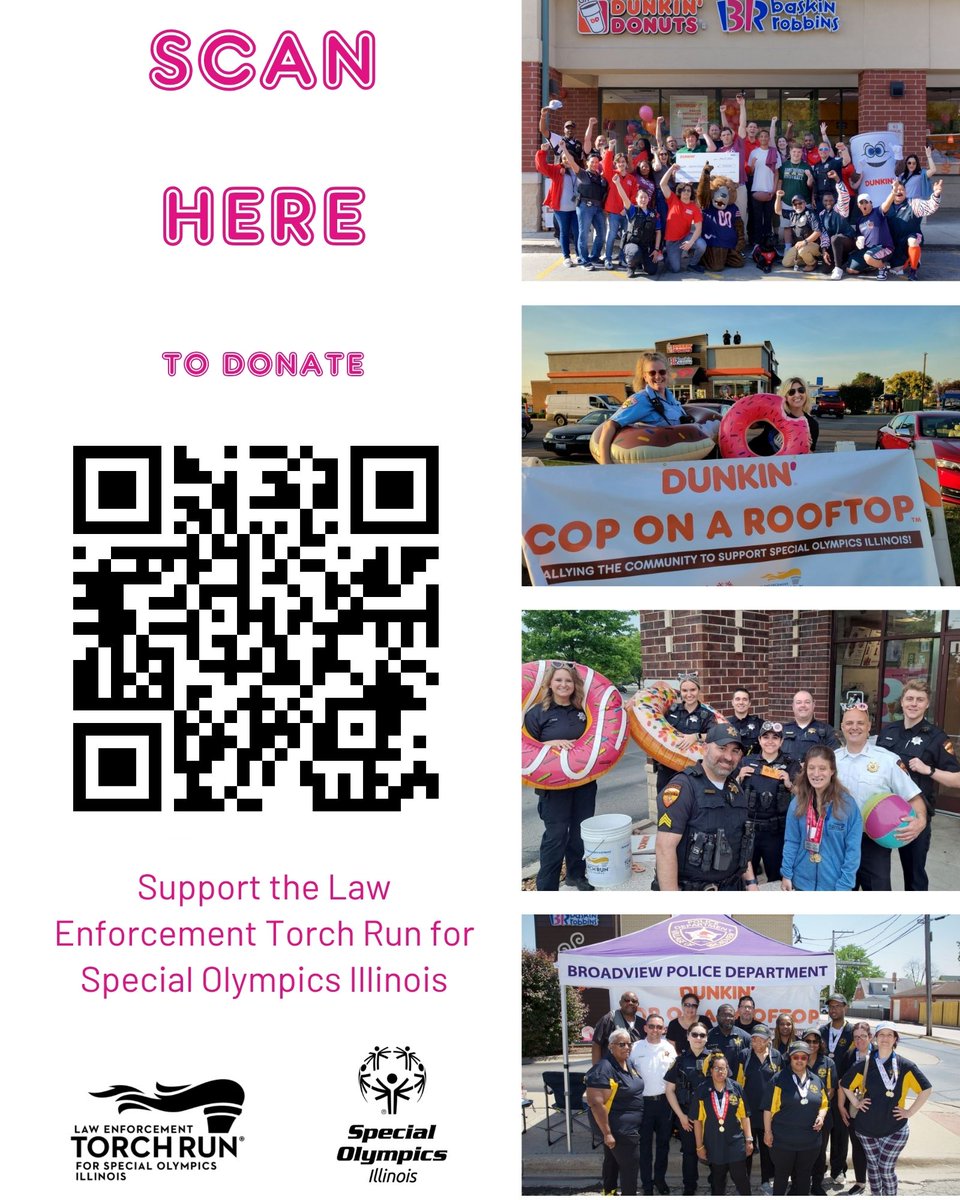 OakLawnPD's tweet photo. Join the movement, Illinois! Head to @dunkin 10801 S. Cicero Ave. &amp; 9500 S. 50th Ave Oak Lawn, IL Friday, May 15th to support #CopOnARooftop, a Law Enforcement Torch Run fundraising event benefitting Special Olympics athletes across Illinois. 

Or, Donate through the QR code: https://t.co/fNRnUPVN3J