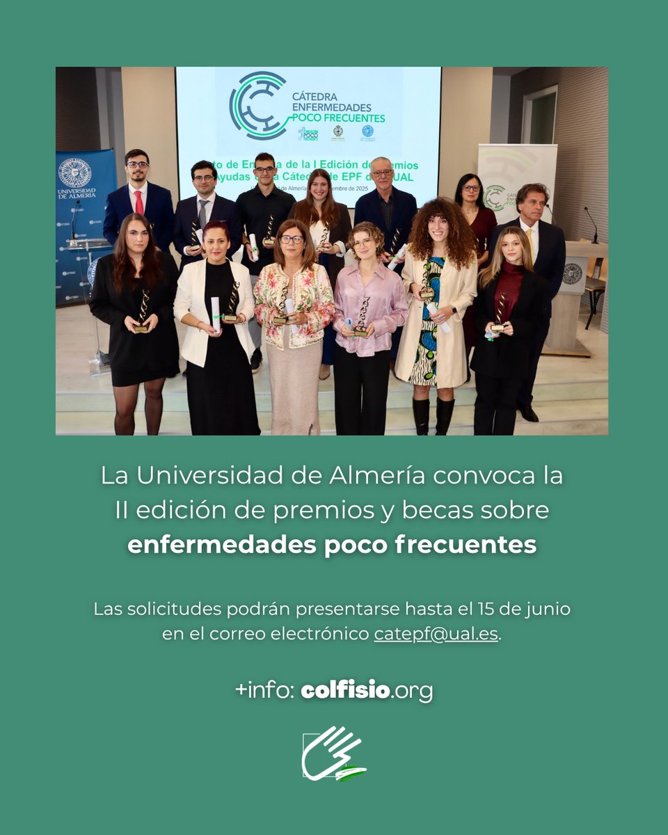 Colfisio's tweet photo. La Universidad de Almería convoca la II edición de premios y becas sobre enfermedades poco frecuentes

Las solicitudes podrán presentarse hasta el 15 de junio de 2026 a través del correo electrónico catepf@ual.es

Conoce los detalles en nuestra web:
https://t.co/ulrsxlt1Wc https://t.co/xuJvnW6BxO
