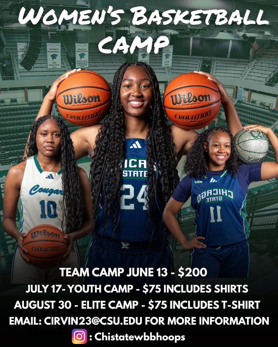 ChiStateWBB's tweet photo. Join us this summer. 
Team Camp 6/13
Youth Camp 7/17
Elite Camp 8/30

Register: https://t.co/ZHU7c3OQ40
email cirvin23@csu.edu https://t.co/UPRTNttRvh
