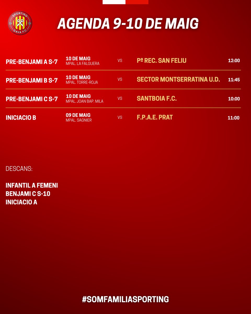 FCSportingGava's tweet photo. 🔴⚪ AGENDA 9-10 DE MAIG

Nou cap de setmana de competició per a tots els equips del club.
Partits importants dins i fora de casa en una jornada decisiva de la temporada.

A competir, gaudir i defensar aquests colors fins al final.

Som-hi Sporting! 🔴⚪ https://t.co/OZsI0EAXhl