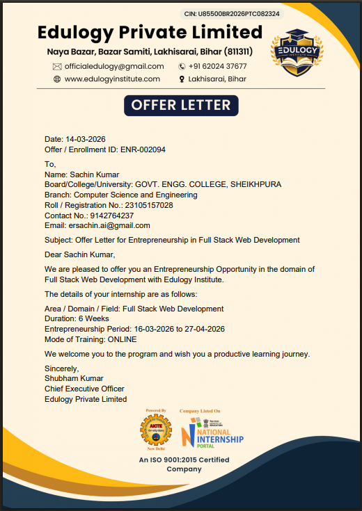 ErsachinAi's tweet photo. 🎉 Completed my Full Stack Web Development Internship at Edulogy! 🚀

Worked on:
✅ Frontend &amp; Backend Development
✅ Responsive Web Design
✅ API &amp; Database Integration
✅ Real-world Projects

Grateful for the learning experience throughout the journey. 💻✨
#Internship #WevDev https://t.co/TcYi1sSsHB