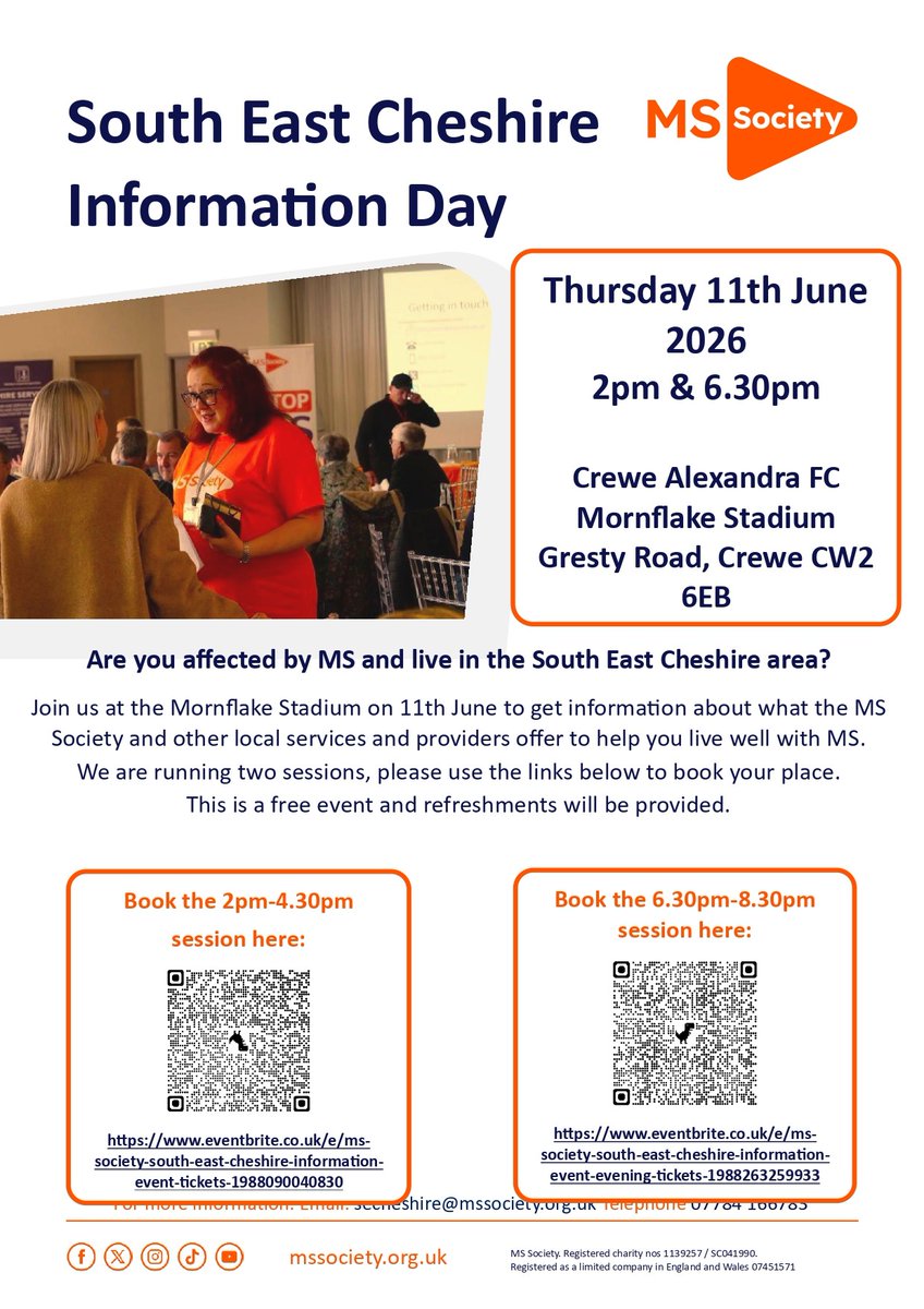 HealthwatchCE's tweet photo. Are you affected by MS in South East Cheshire? @mssocietyuk are hosting a free Information Day at the Mornflake Stadium, Crewe on 11th June – two sessions available.

🕑 2pm
🌙 6.30pm

Links below.

Free entry. Refreshments provided.

#MultipleSclerosis https://t.co/Ut8zPJrgNJ
