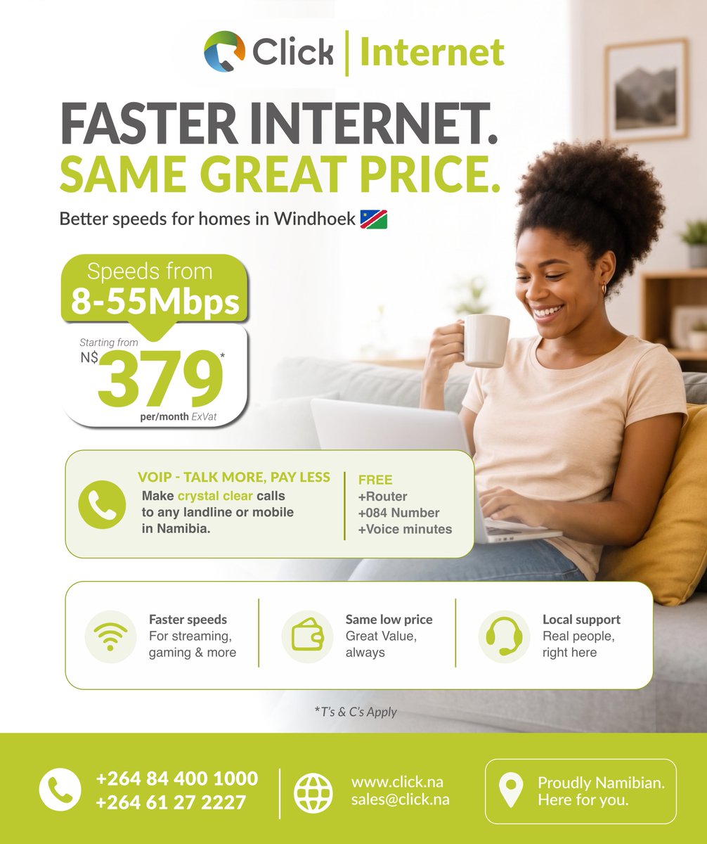 Click_namibia's tweet photo. Faster internet now with VoIP and still no data limits. 🚀

Experience the internet with no data limits and zero interference on Namibia’s premier private digital highway. Sign up experience the better connection.

Sign up now: https://t.co/hci5q4auoX https://t.co/ambgQbtBL2