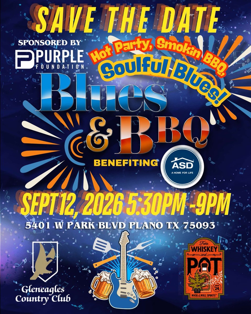 Save the Date and Turn up the Heat!🔥🍖🎵 Blues &amp; BBQ returns Sept. 12 at Gleneagles Country Club! 🎶🍖 More blues, more BBQ, more fun—all benefiting ASD – A Home for Life. Ticket sales + auction details coming soon! 💙