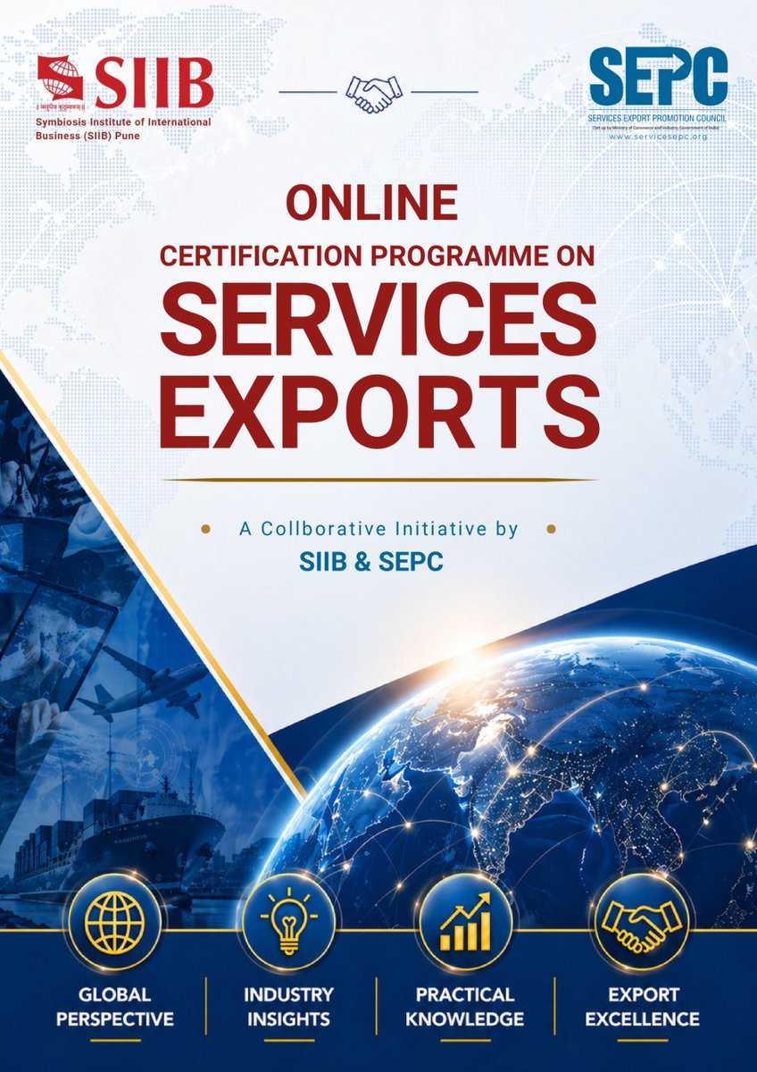SIIBTweets's tweet photo. SIIB Pune launches Online Certification Programme on Services Exports in collaboration with SEPC. 8-week cohort starts 6 June 2026. Apply by 30 May! 

@Symbiosistweets 

#SIIB #MBA #Pune #international https://t.co/0zl9ZljWu2