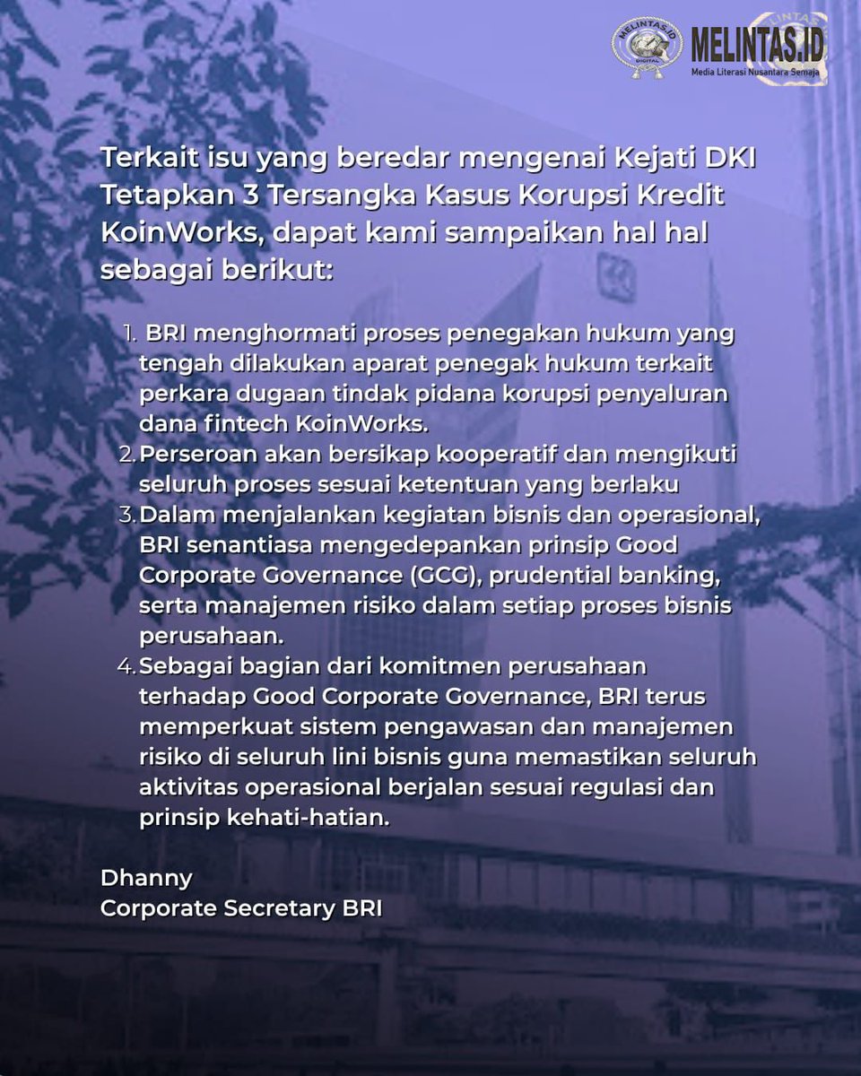 MelintasM25745's tweet photo. PT Bank Rakyat Indonesia (Persero) Tbk menegaskan komitmennya terhadap transparansi dan kepatuhan hukum.
#Bri #Koinworks #voxpro #promedia #melintas https://t.co/Sm5UrWv3wn