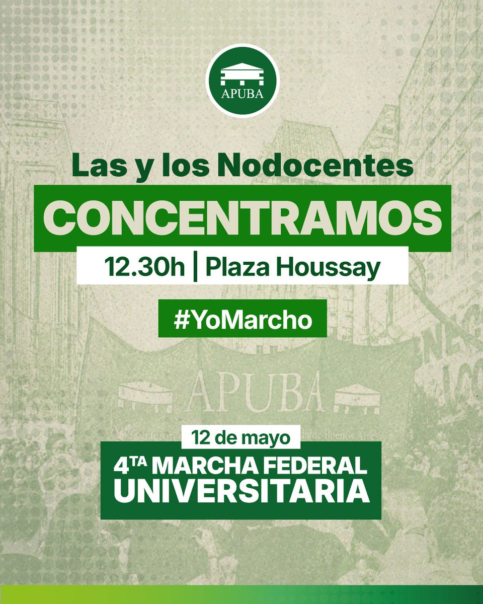 4ta MARCHA FEDERAL UNIVERSITARIA
Porque en democracia la Ley se cumple
Las y los Nodocentes nos movilizamos
📅 Martes 12 de mayo 
⏰ 12.30h 
📌 Plaza Houssay
Nos vemos en la calle, para marchar y colmar la Plaza 💪🏽 
#MarchaFederalUniversitaria