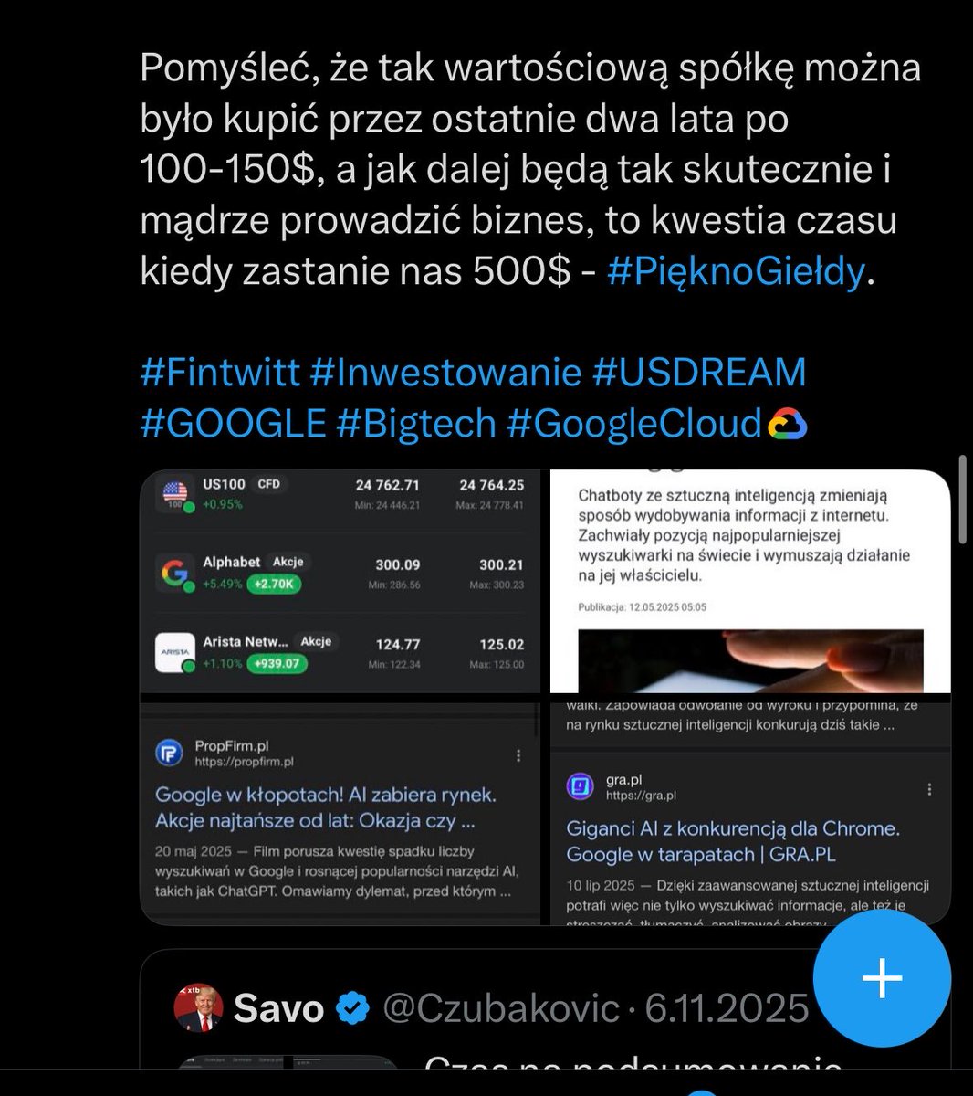 Czubakovic's tweet photo. #Google - $400 ATH ✅
I to w takim otoczeniu 👀…
Klasa👌.
Gdy w poniższym wpisie pisałem o $500 za akcje $GOOGL, wydawało się to mega odległe ⏳.
👉 $400 już mamy,
👉 $500 loading…
brakuje 25% 😎
Nadal trzymam walor w dwóch portfelach dolarowych 💰, w tym #USDream publiczny, łącznie ~12 k $.
Nie wyobrażam sobie sprzedawać taką spółkę. To wbrew logice.
#XTB #US #ATH #Alphabet #FinX