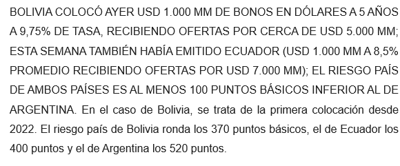 RagnarToallin's tweet photo. Por esto Toto no quiere / puede emitir afuera.
Mucha demanda por papel Latam pero con tasas muy altas.
El punto es Bolivia y Ecuador con RP inferior al nuestro...Suerte que somos amigos de USA y que todo el mundo habla del fenómenos Argentina.

Fuente: 1816 https://t.co/5GuN5xDKfU