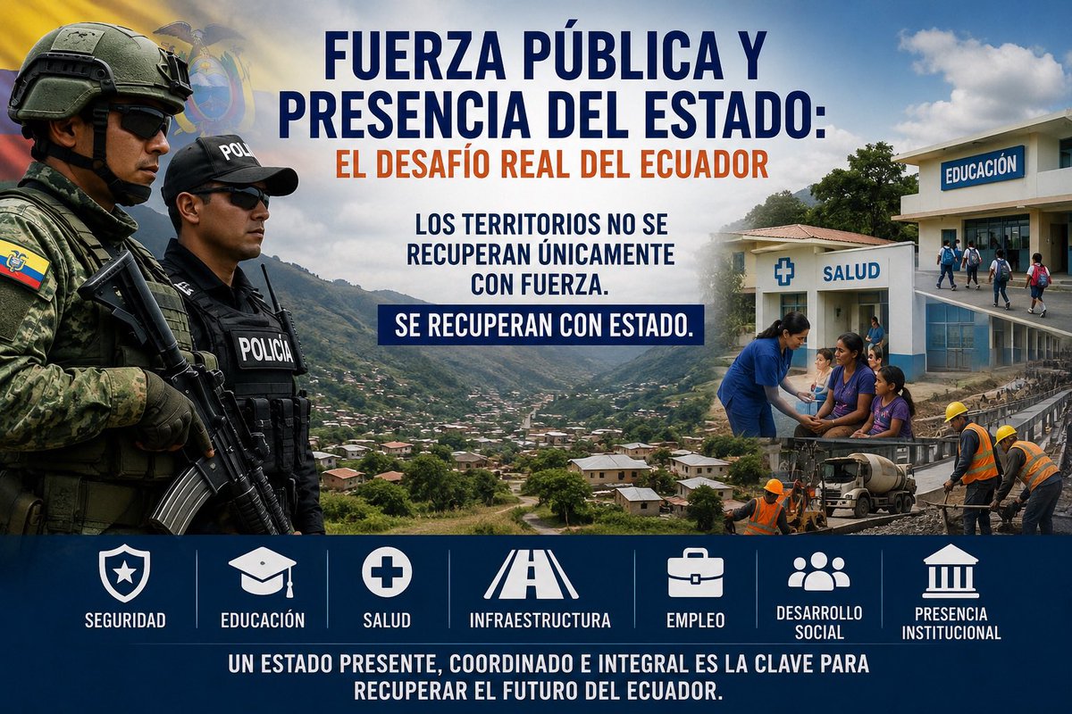 SerPlaton's tweet photo. 🟠 El problema del Ecuador no es solo operativo. Es territorial e institucional.

Las Fuerzas Armadas y la Policía Nacional cumplen funciones distintas y complementarias. Pero el crimen organizado avanza donde el Estado pierde presencia real.

La fuerza puede recuperar temporalmente el control.

Solo el Estado puede sostenerlo.

Seguridad, educación, salud, empleo, infraestructura y desarrollo deben actuar de manera simultánea en los territorios vulnerables.

Los territorios no se recuperan únicamente con fuerza. Se recuperan con Estado.

📎 Artículo completo:  
Leer análisis completo

#Seguridad #Estado #Ecuador #ControlTerritorial