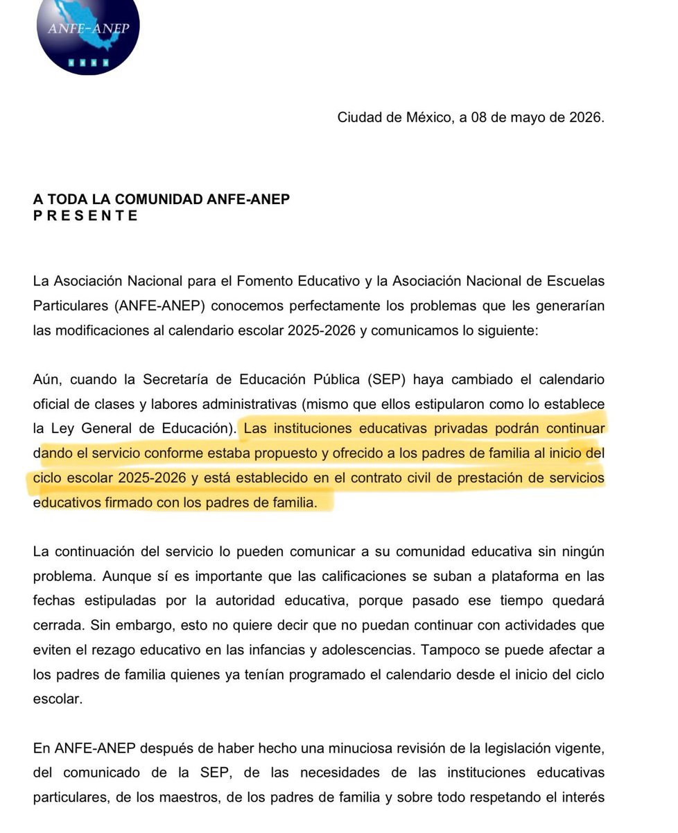 Las instituciones educativas privadas podrán mantener clases y actividades académicas conforme al calendario originalmente planteado a madres y padres de familia, pese a las modificaciones realizadas por la SEP informó la Asociación Nacional para el Fomento Educativo y la