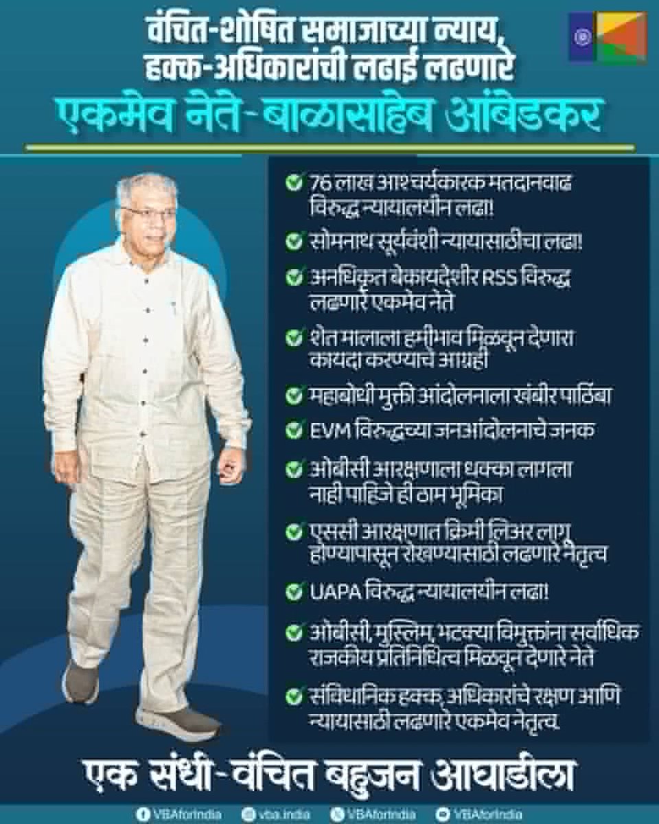 VBAforIndia's tweet photo. वंचित-शोषित समाजाच्या न्याय,
हक्क-अधिकारांची लढाई लढणारे
एकमेव नेते - बाळासाहेब आंबेडकर
#एक_संधी_वंचितला #VoteForVBA #VBAForIndia https://t.co/DRsdX79Oyi