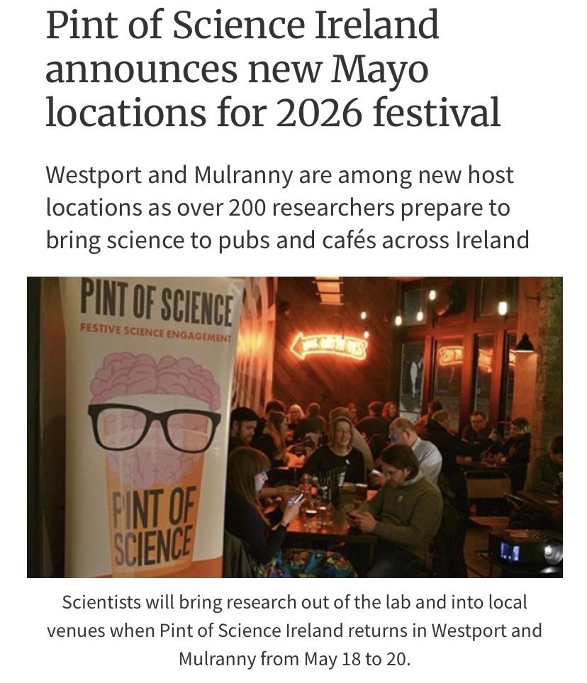 pintofscienceIE's tweet photo. Pint of Science Ireland is coming to Mayo, with exciting talks taking place in Westport and Mulranny from 18–20 May.

🎟️ Free tickets available now: https://t.co/hw3su7MUW3

Read the full article:
https://t.co/PzXR4xstEd

#pint26 https://t.co/QdwMJ1WiTp