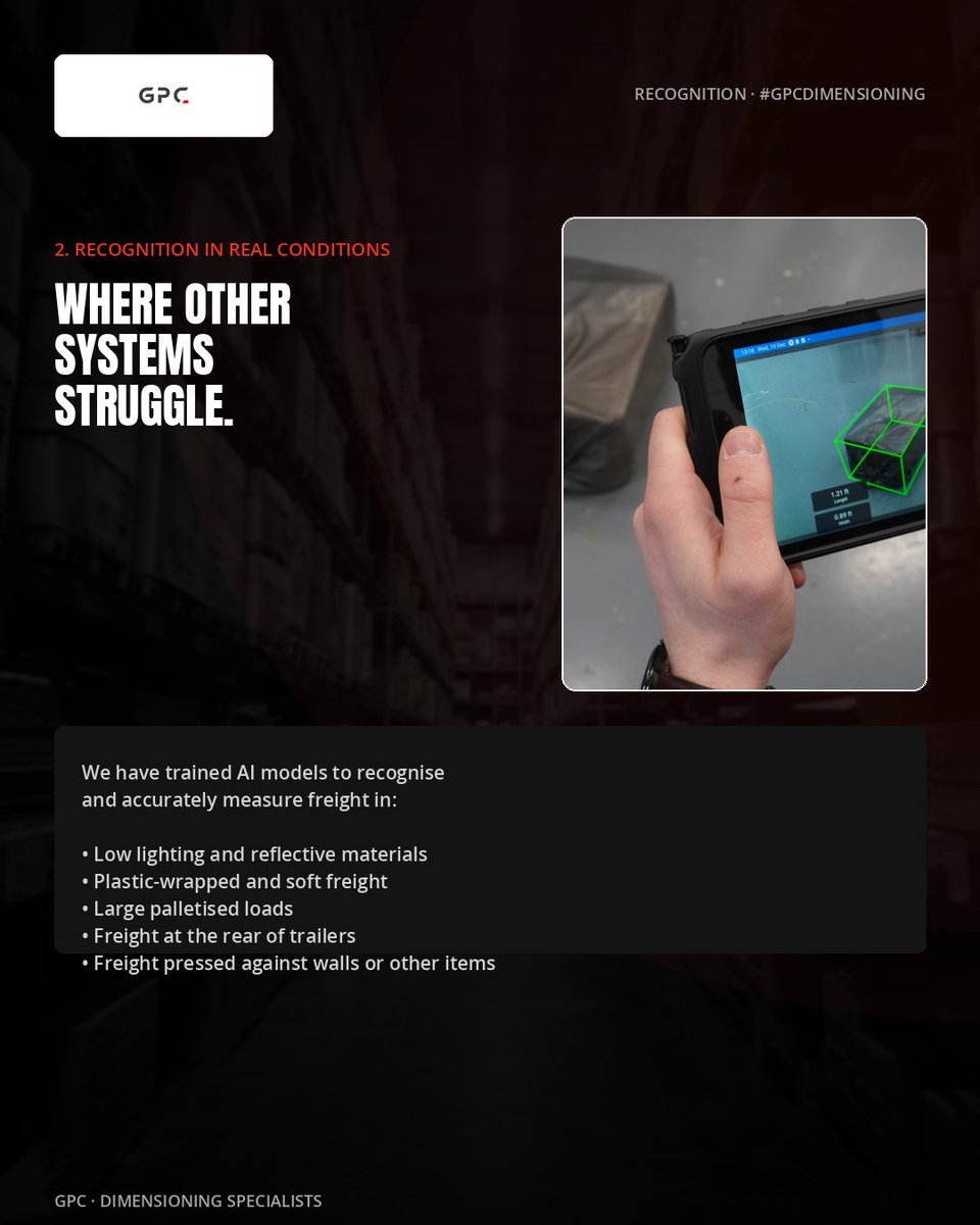 gpcsl's tweet photo. A closer look at how GPC has built AI into our dimensioning system.

Three areas where it does the work:
> Measurement
> Recognition
> User experience 

Swipe through for the detail ↓

#Logistics #Freight #AI #Dimensioning #GPCDimensioning https://t.co/JxZX0JGTkv