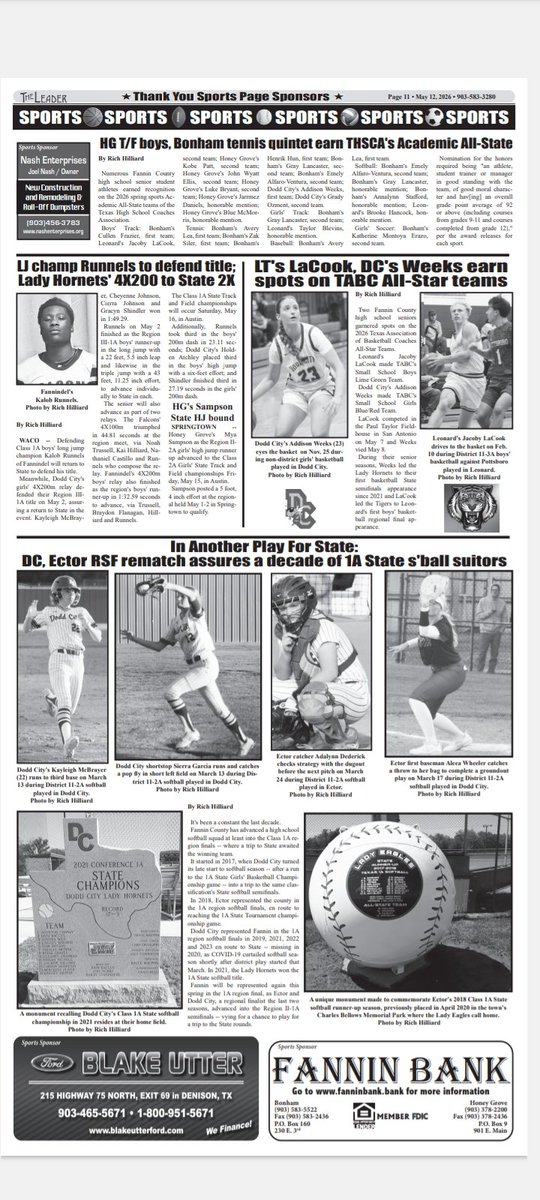 SportsStringer's tweet photo. 5/12 Fannin County Leader sports:
@THSCAcoaches @Texas1AFan @Tabchoops @TXPrepSoftball @GMsportsmedia1 @AustinTGCA @STBA_TX https://t.co/m2Pg296S7A