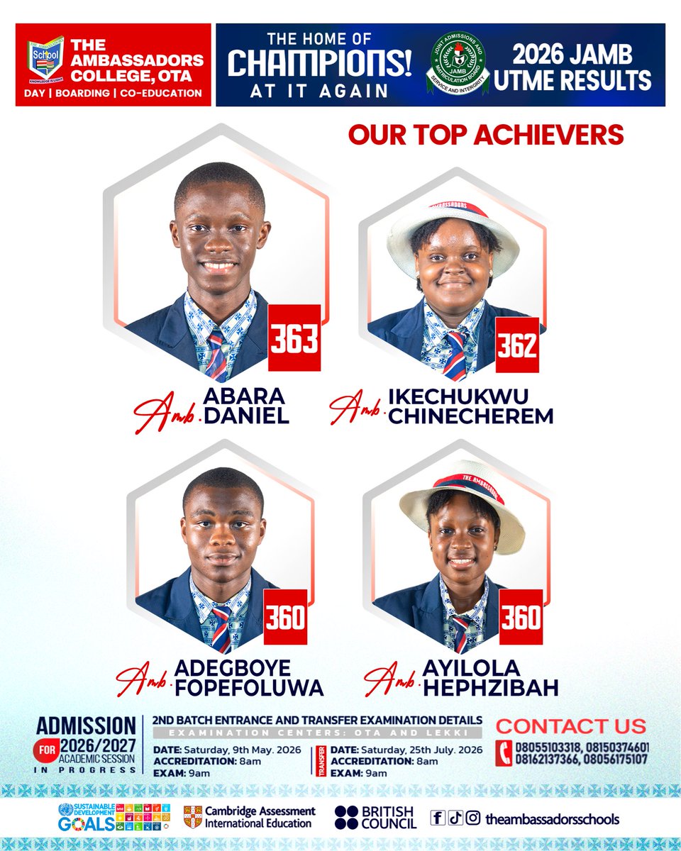 AmbassadorsOta's tweet photo. THE HOME OF CHAMPIONS AT IT AGAIN! | 2026 JAMB UTME RESULTS https://t.co/N2joUowNqo