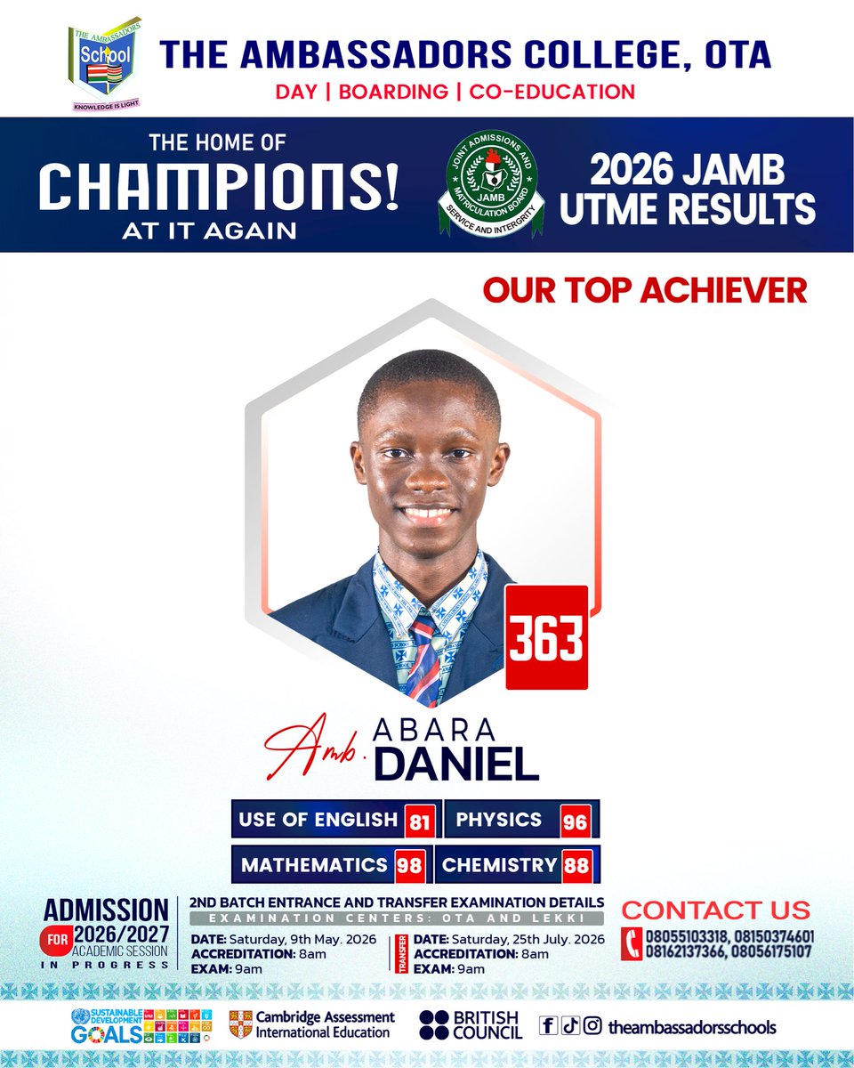 AmbassadorsOta's tweet photo. THE HOME OF CHAMPIONS AT IT AGAIN! | 2026 JAMB UTME RESULTS https://t.co/N2joUowNqo