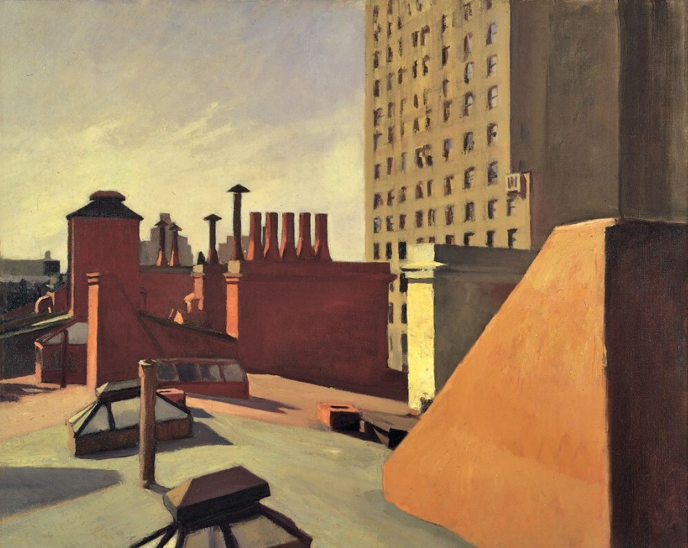 artisthopper's tweet photo. Hopper often elevated overlooked urban details into sites of reflection. City Roofs (1932) shows an aerial view of New York revealing chimneys, water tanks, and utilitarian structures—a hidden, private skyline suspended above the city streets. #artbots #hopper https://t.co/0GJnHFGMua
