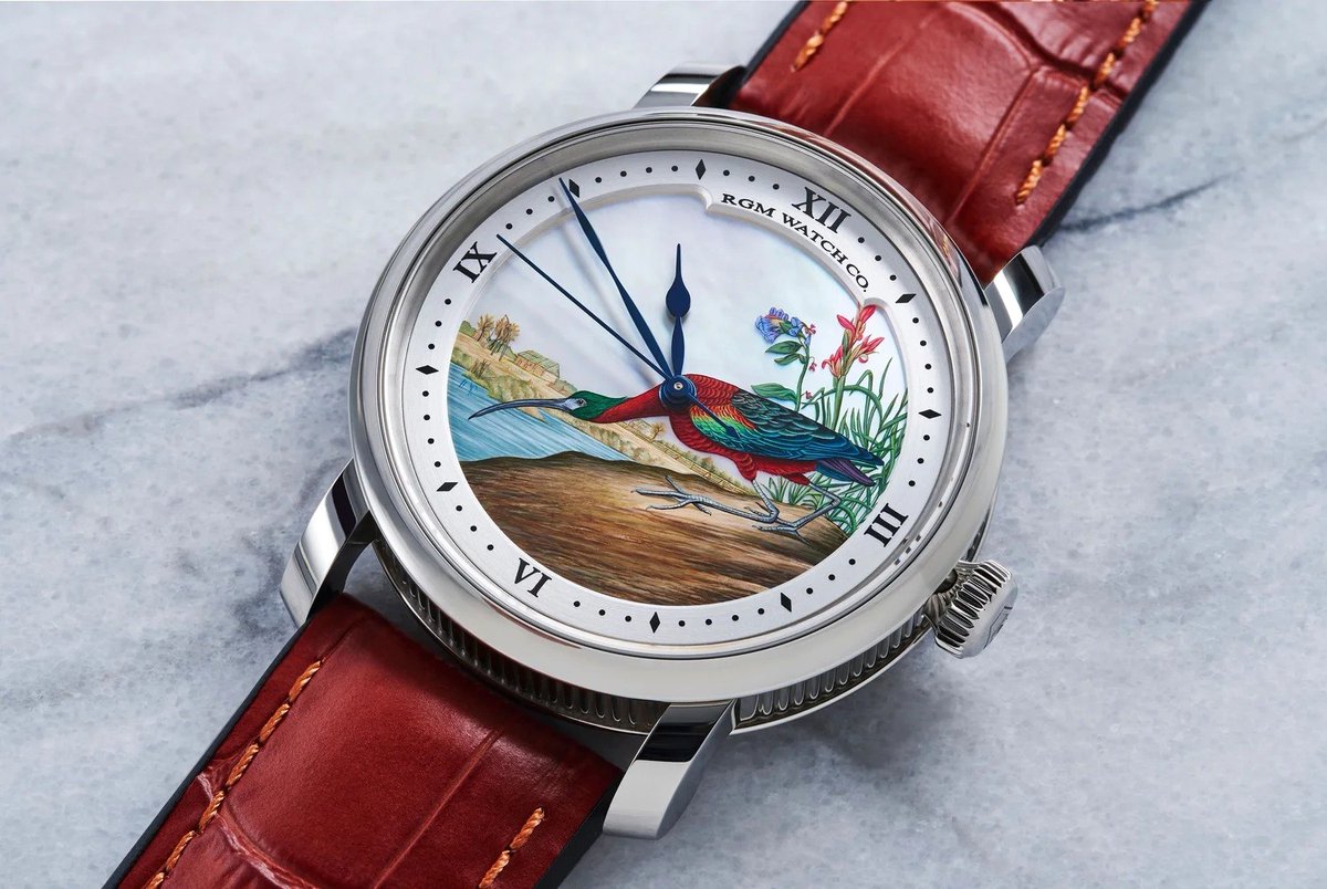 RGMWatchCompany's tweet photo. RGM Model 25 Birds of America "Glossy Ibis"
Miniature hand painting on Mother of Pearl. 

#rgmwatchco #rgmwatches #rgmwatch #watch #watches #wristwatch #wristwatches #watchmaking #watchmaker #independentwatchmaking #independentwatchmaker #handpainteddial #birdsofamerica https://t.co/g9ocpX3Trj