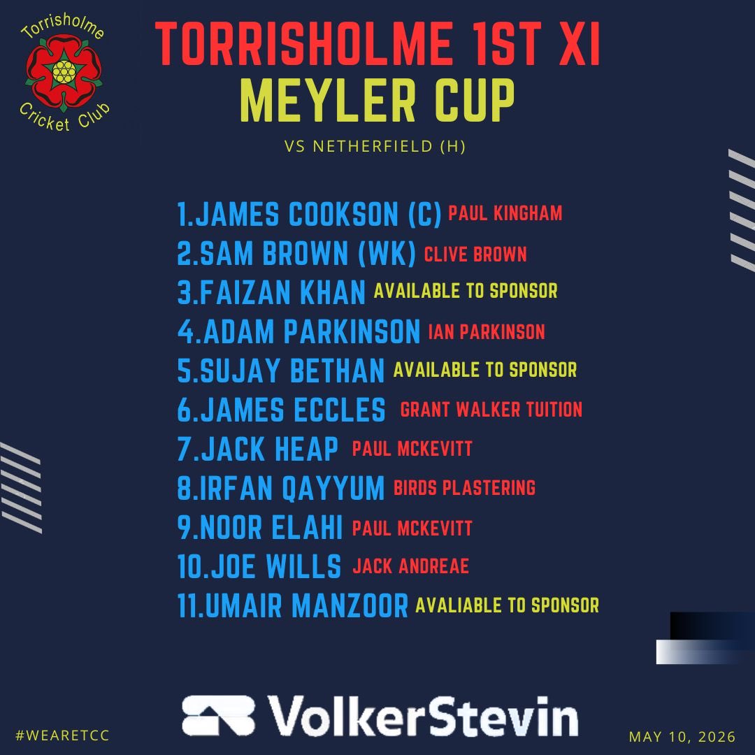 TorrisholmeCC's tweet photo. 🚨TEAM NEWS

Here are the Meyler &amp; Loxham cup sides for Sundays fixtures!

#WeAreTCC https://t.co/4HkweY15Vj