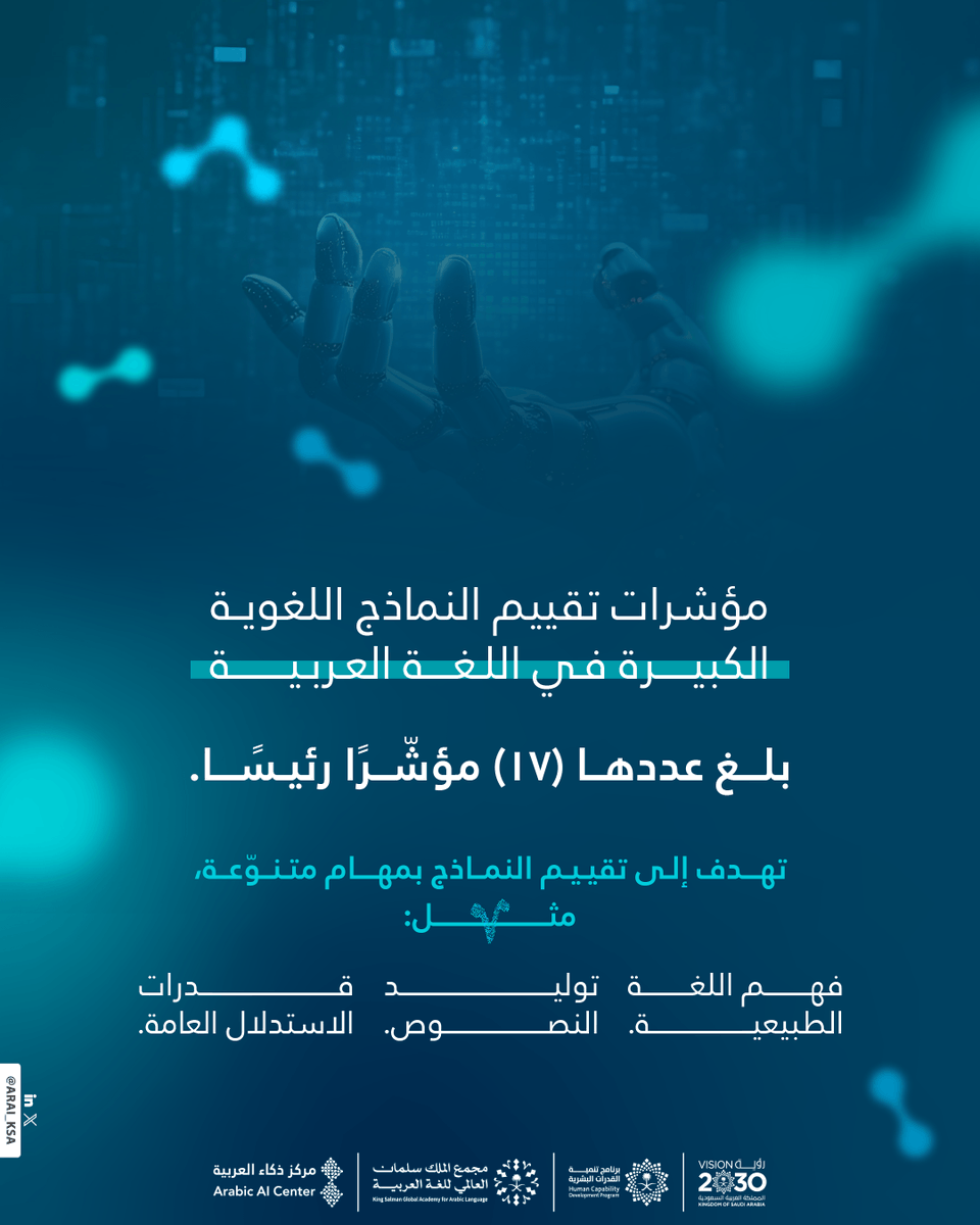 مؤشرات تقييم النماذج اللغوية نظرة شاملة لمستقبل اللغة العربية في الفضاء التقني، وتحديثات تكشف مواكبتها لتطورات العصر.

#مرصد_حوسبة_العربية
#مركز_ذكاء_العربية