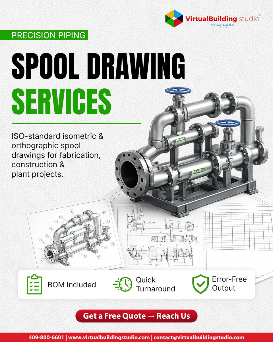 vbsglobal's tweet photo. From shop floor to site, clear, accurate spool drawings make all the difference.
 
Faster turnaround, built-in BOM, and zero guesswork for your piping workflows.
 
Reach us today ➡️ https://t.co/pveYQPp9qI
 
#SpoolDrawings #Piping #BIM #MEP #PlantDesign https://t.co/1StHwB6V9u