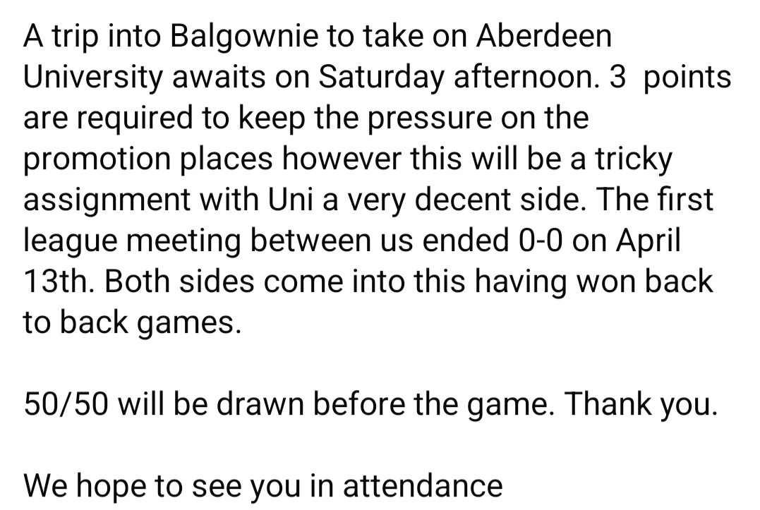 Meldrum_United's tweet photo. Next Match⚽ 

🗓️Saturday 9th May
🏆 AAFA Division 3 
🆚Aberdeen University 
🏟️Balgownie
🕰️14:00 https://t.co/loXvgHSneG