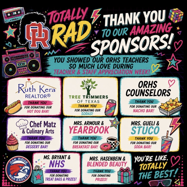 ORWarEagles's tweet photo. We would like to thank our wonderful sponsors who helped us celebrate teacher appreciation week! Thank you for supporting our teachers!! https://t.co/Gt3qVNp56g
