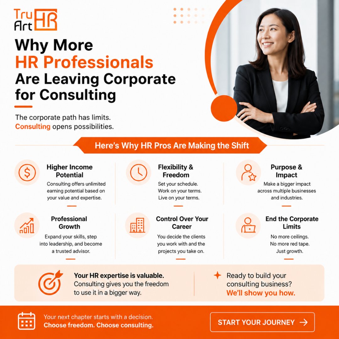 tru_art_hr's tweet photo. HR professionals are choosing consulting over corporate. 👀

More freedom.
More flexibility.
More income potential.
More ownership.

Your HR expertise can become a business. 🚀

🔗 https://t.co/9hSU2nhMwB
#HRConsulting #HRLeadership #CareerGrowth https://t.co/2IKEbV0A8t