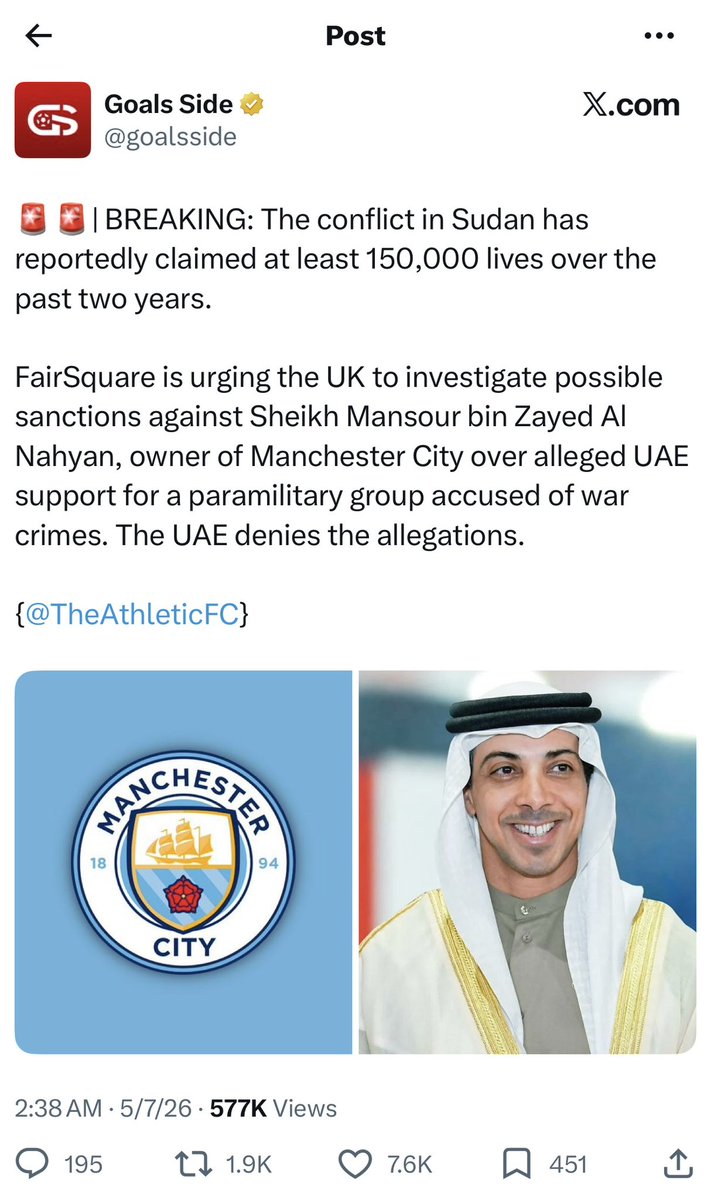 🚨#عاجل |

مطالبات في بريطانيا ودول أوروبيه عده بفرض عقوبات على الشيخ من دولة #الامارات منصور بن زايد ال نهيان مالك نادي مانشستر سيتي لتورطه في ارتكاب مذابح وإبادات جماعية في دولة #السودان. 

المطالبات بدأت وبقوه ومن جهات عديده لفرض عقوبات وحضر سفر ومصادره  ممتلكاته في الدول