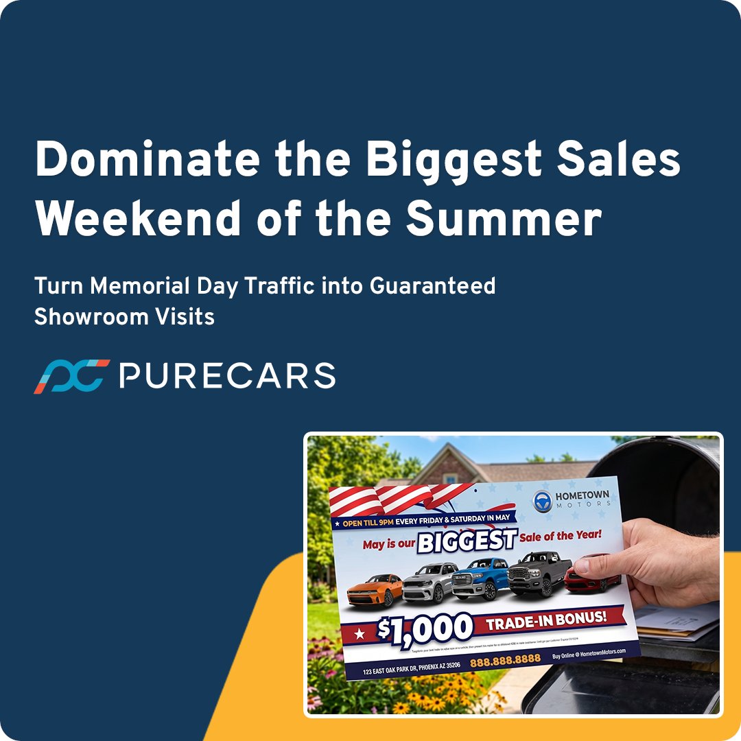 PureCars's tweet photo. Memorial Day is one of the biggest sales weekends of the year—standing out matters. 🚗📬

PureCars Direct Mail helps dealerships reach the right shoppers with targeted campaigns that drive real showroom visits.

👉 Make this your strongest sales weekend: https://t.co/fr7C945rNx https://t.co/Lk3gRq70bm