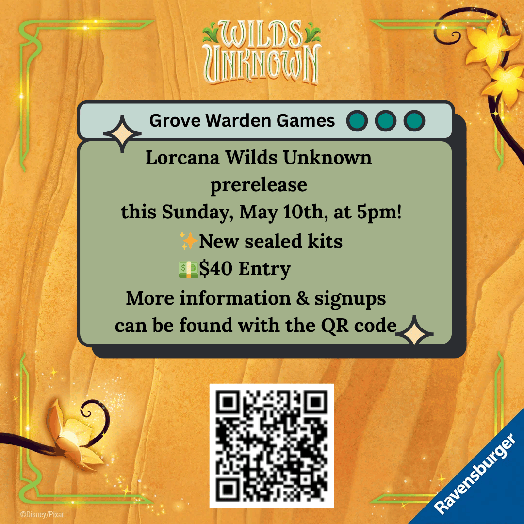 GWardenGames's tweet photo. ✨ Lorcana Prerelease this Sunday!
Wilds Unknown hits Grove Warden Games 🌿
🗓 May 10
🕔 5 PM
💵 $40 Entry
New sealed kits 
Scan the QR code to sign up! https://t.co/tUKc9M6mcv