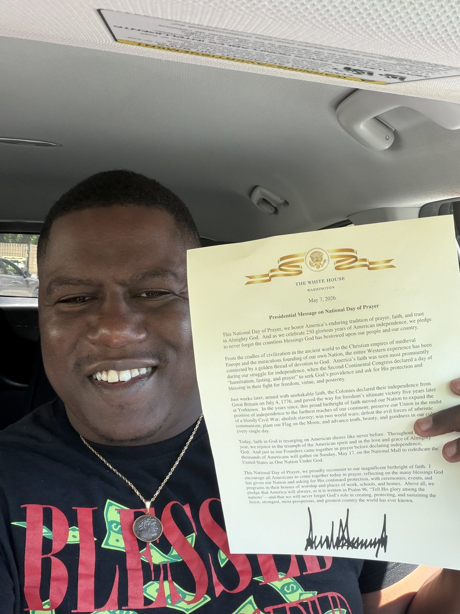 WellsJorda89710's tweet photo. 🚨President Trump couldn’t join us in person, but he showed up in the most powerful way possible.✝️

On the National Day of Prayer, this wasn’t some generic statement — it was a personal prayer and heartfelt note written directly by President Trump, given and read to pastors.

As a pastor and minister with over 15 years in the pulpit, seminary-trained, and blessed to have preached to millions, this touched me deeply.

This is the difference:
One administration declared “Transgender Visibility Day” on Easter Sunday.
Another honors pastors, cherishes the Church, lifts up the name of Jesus, and personally speaks to the faith community on the National Day of Prayer.
This is why I stand with this movement. This is why I will always support this President and this administration.

Faith matters. Pastors matter. America is turning back to God.
Who’s with me? 🙏
#NationalDayOfPrayer #Trump #Faith #Christian #Pastors #MAGA #AmericaFirst #BackToGod