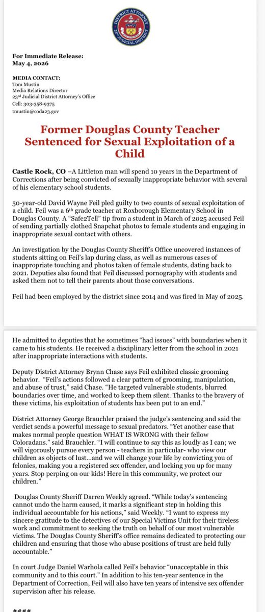 23rdDA's tweet photo. Thanks to our prosecutors &amp; law partners, another sexual predator is being held accountable. Former Dougco teacher David Feil was sentenced to 10 years in prison after pleading guilty to sexual exploitation of a child involving multiple elementary school students. #Justice https://t.co/xTriTFYRyQ