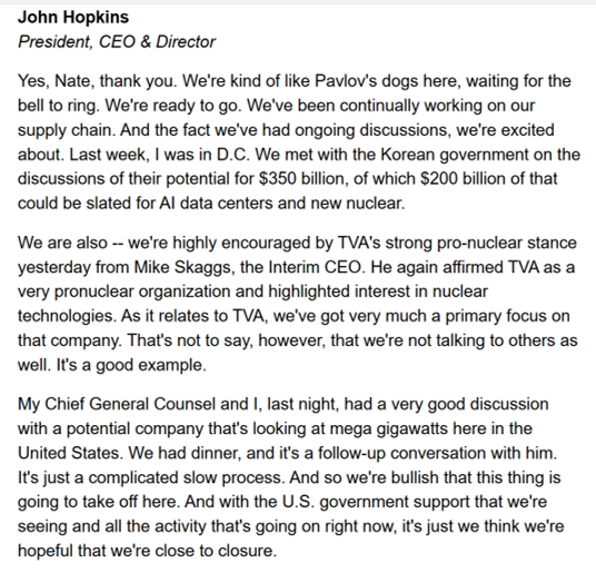 BeenThereCap's tweet photo. Here is the only key bit in last night's $SMR earnings call:

Management script: Here are all the reasons our reactor is superior to competitors

First question in Q&amp;A: Given that "compelling pitch," why isn't anyone actually buying one from you?

Answer: 100% evasion (below)
1/2 https://t.co/j6ZunjCD3I