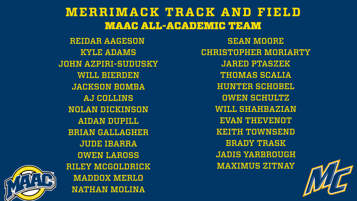 MerrimackTFXC's tweet photo. We're very proud to share that 58 of our athletes have been named to the @MAACSports Track and Field All-Academic Team!

#GoMack https://t.co/P1GHy3JPiw