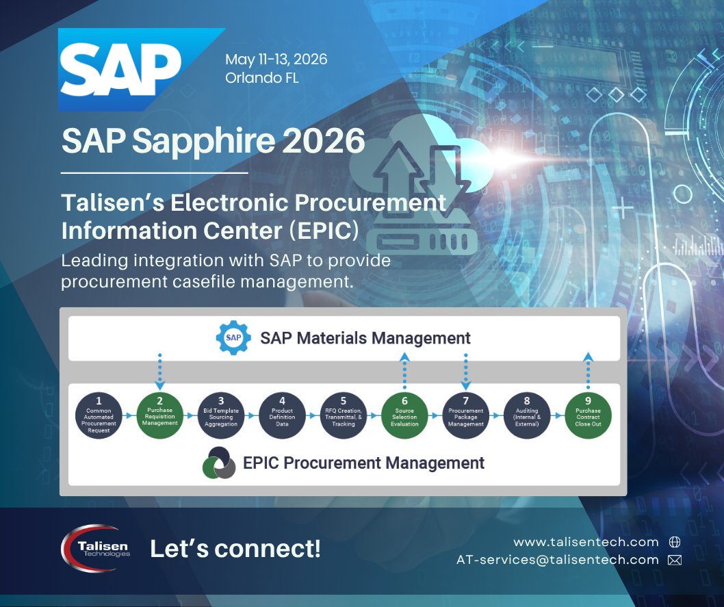 TalisenTech's tweet photo. Talisen will be connecting with companies at SAP Sapphire Orlando! Discover how EPIC is leading integration with SAP to provide procurement casefile management. Greater visibility, control, and efficiency. #SAPSapphire https://t.co/qcNiXYY8Ww