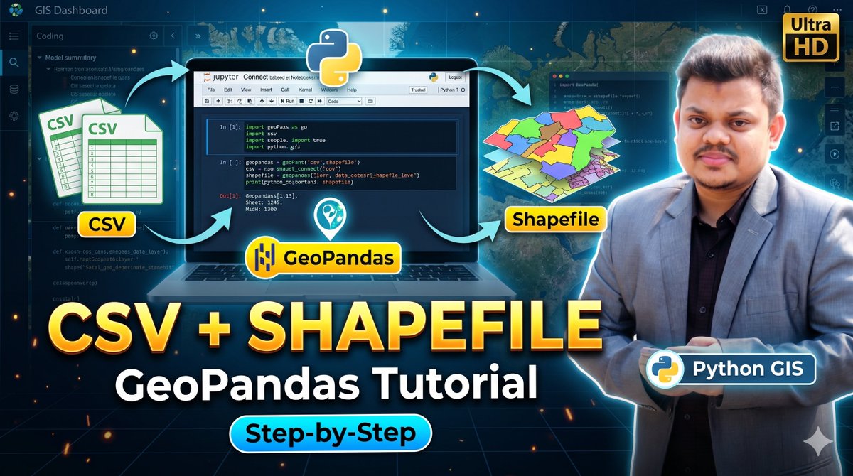 GISRSStudyHacks's tweet photo. How to Connect a CSV File with a Shapefile Using GeoPandas | Python GIS Tutorial. Tutorial Link: https://t.co/nuMD87X85P

#python #GeoPandas #GIS #remotesensing #geospatial
#SpatialAnalysis #PythonGIS #datascience #mapping
#LearnPython https://t.co/qfgwjF3aFM