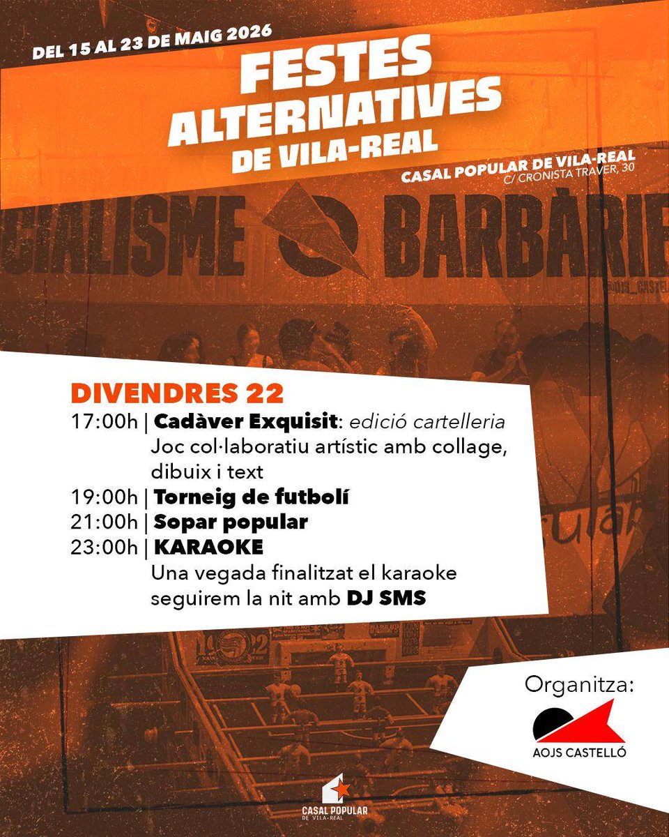 CasalPopularVr's tweet photo. DIVENDRES 22

Junt a AOJS Castelló continuem construint unes FAV participatives, creatives i col•lectives.

Apostem per espais on la festa siga també una eina per reforçar els vincles col·lectius i no unicament un consumisme buit. https://t.co/v4UlBW8TE2