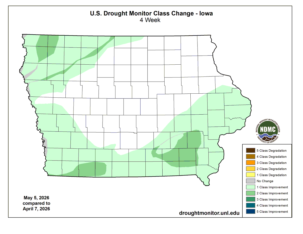 JustinMGlisan's tweet photo. April 2026 Precip. Summary: #IA's average precip. was 5.34", 1.67" above normal. This ranks as the 6th wettest on record; 2013 was wetter & wettest on record. Drought conditions significantly improved through the month due to an active pattern. (2/2) #IowaClimate #IowaAg #Plant26 https://t.co/xFvK6VH4Kz