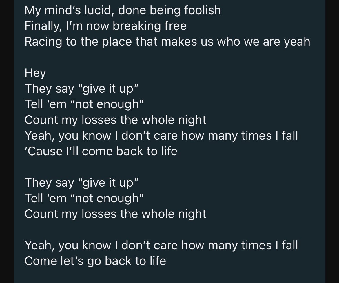 ‘back to life’ LYRICS IN FULL ENGLISH! WRITTEN AND COMPOSED BY HAN!