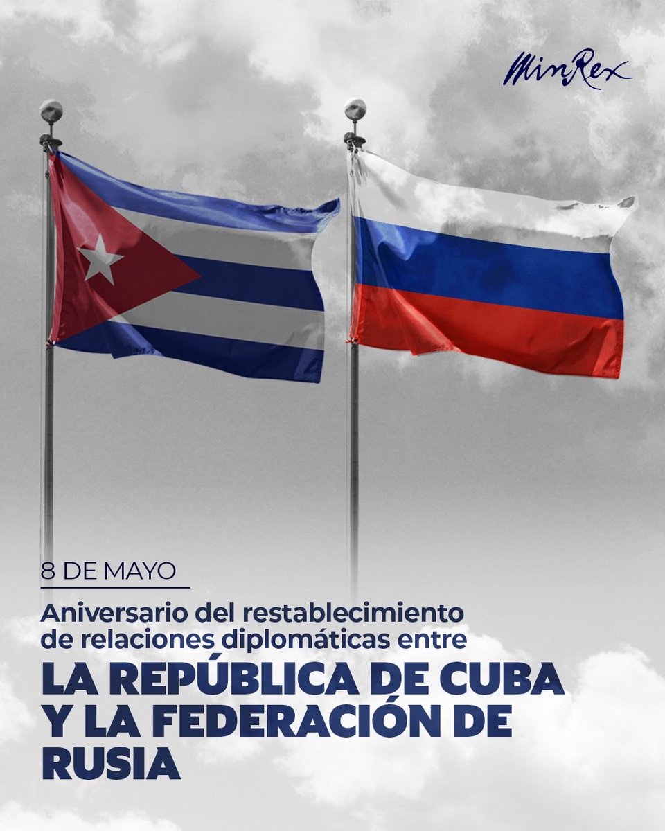CubaMINREX's tweet photo. Celebramos el aniversario 66 del restablecimiento de las relaciones diplomáticas entre #Cuba 🇨🇺 y la Federación de #Rusia 🇷🇺.

Reiteramos la voluntad de continuar estrechando nexos económicos, así como por el fortalecimiento de los lazos de hermandad 🤝 entre nuestros pueblos. https://t.co/vBnTk0uNiC