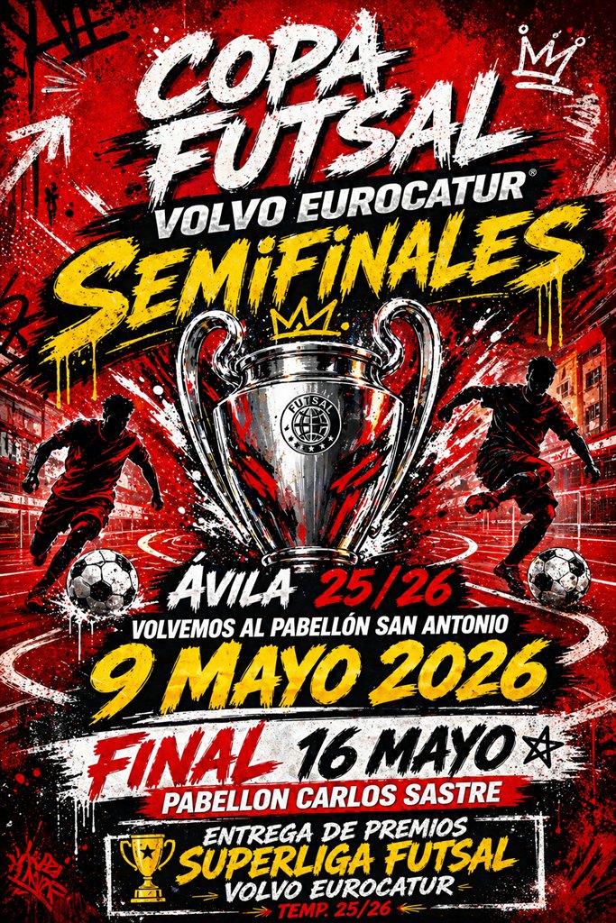 cdzasport's tweet photo. RECORDAMOS Este sábado 9 de mayo, el fútbol sala vuelve a vivir una jornada decisiva con la disputa de las semifinales de la Copa Futsal Volvo Eurocatur Ávila, donde los mejores equipos lucharán por un puesto en la gran final.
📷 Lugar: Pabellón San Antonio 
📷 18:00H https://t.co/9kTZ5jOiCW