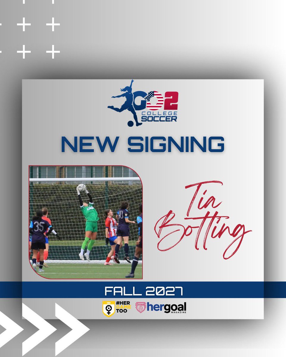 G2CollegeSoccer's tweet photo. ✍️ 𝙉𝙚𝙬 𝙎𝙞𝙜𝙣𝙞𝙣𝙜 🇺🇸

We are delighted to welcome goalkeeper Tia Botting🇬🇧 to our class of 2027. Tia is a quality goalkeeper with excellent shot stopping ability. Alongside that, she is comfortable with the ball at her feet and has the ability to build out from the back. We are excited for what the future holds for her on and off the pitch.

⚽️ Goalkeeper
✍️ Dorking Wanderers
📚 GPA. 2.3
🎥 https://t.co/MhQsulDX4C
🗓 Fall 2027

We look forward to working with Tia and having her as part of the #Go2Community.

🇬🇧⚽️🇺🇸